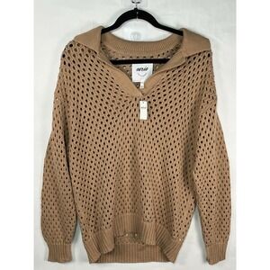 NWT Aerie Sweater Womens Small Tan Open Knit Collared Pointelle Pullover Sweater